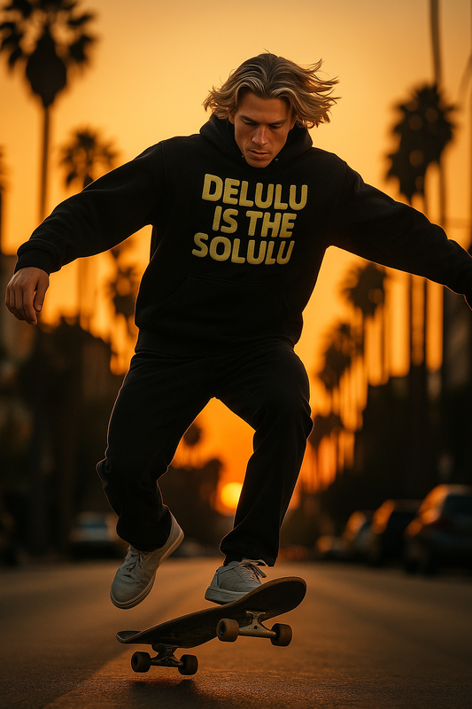 Delulu is my Solulu-champion-hoodie-black-front- caffeinated bulldog streetwear 2025