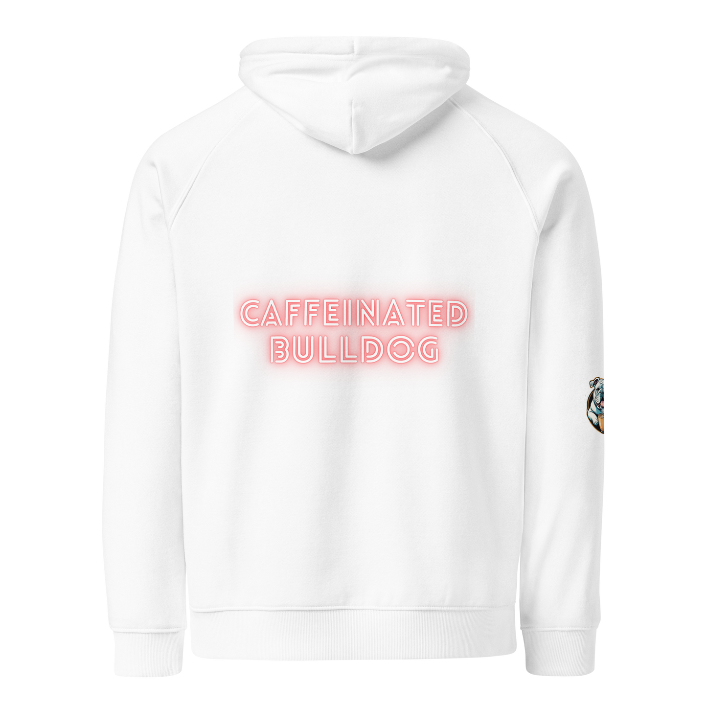 Caffeinated Bulldog  eco raglan hoodie.
