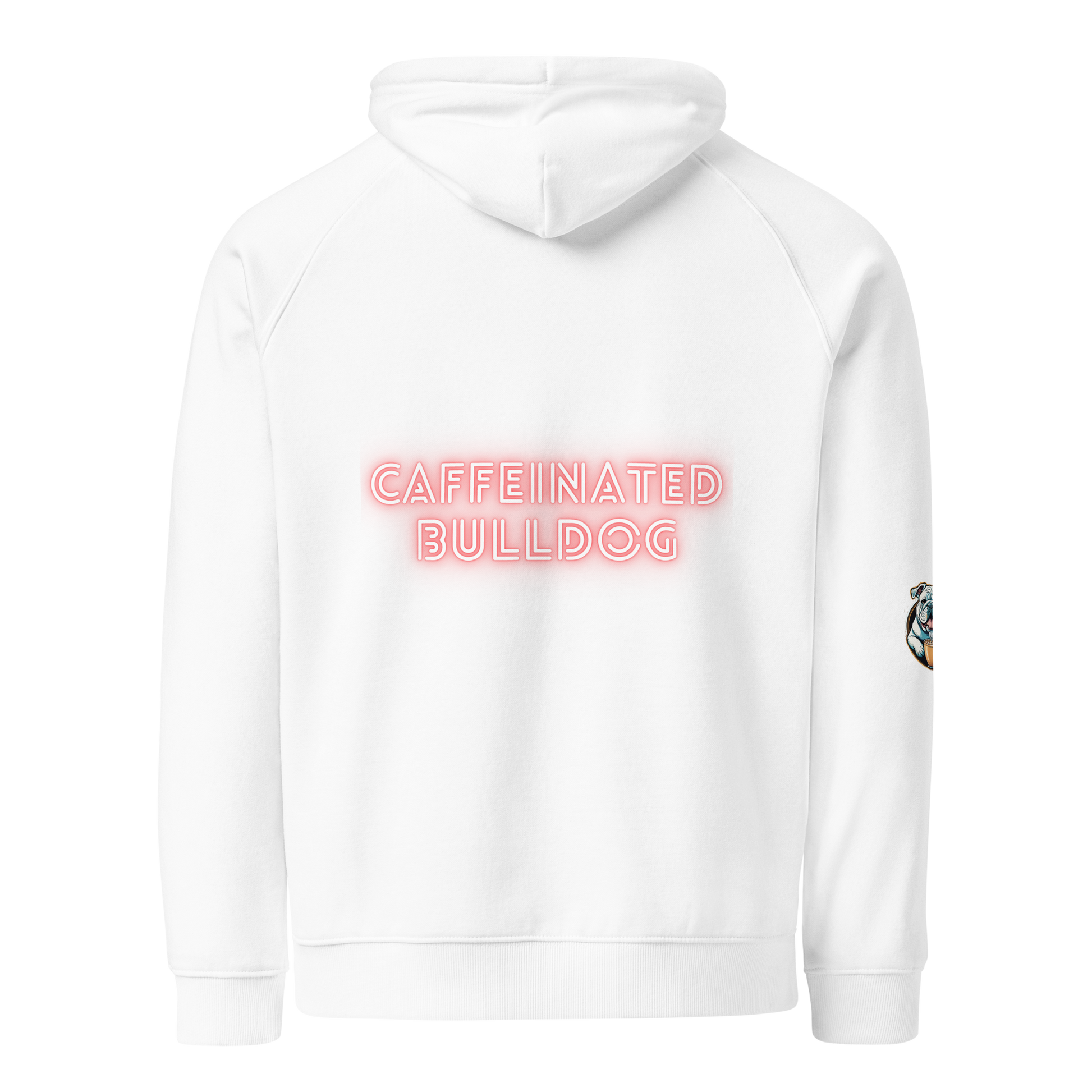 Caffeinated Bulldog  eco raglan hoodie.