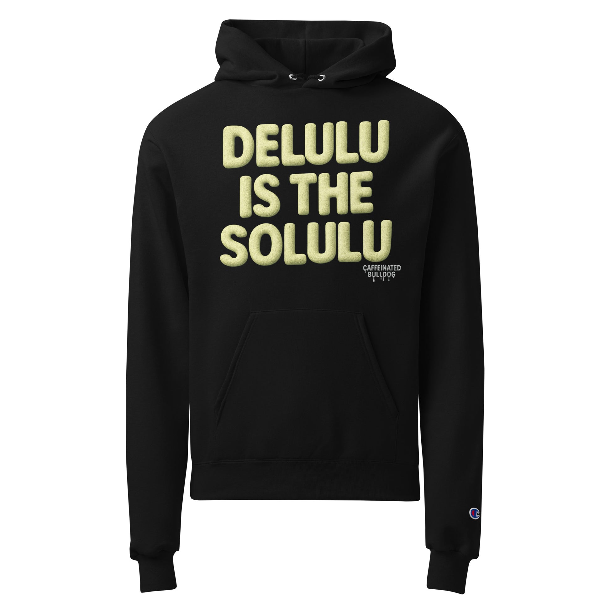 Delulu is my Solulu-champion-hoodie-black-front-